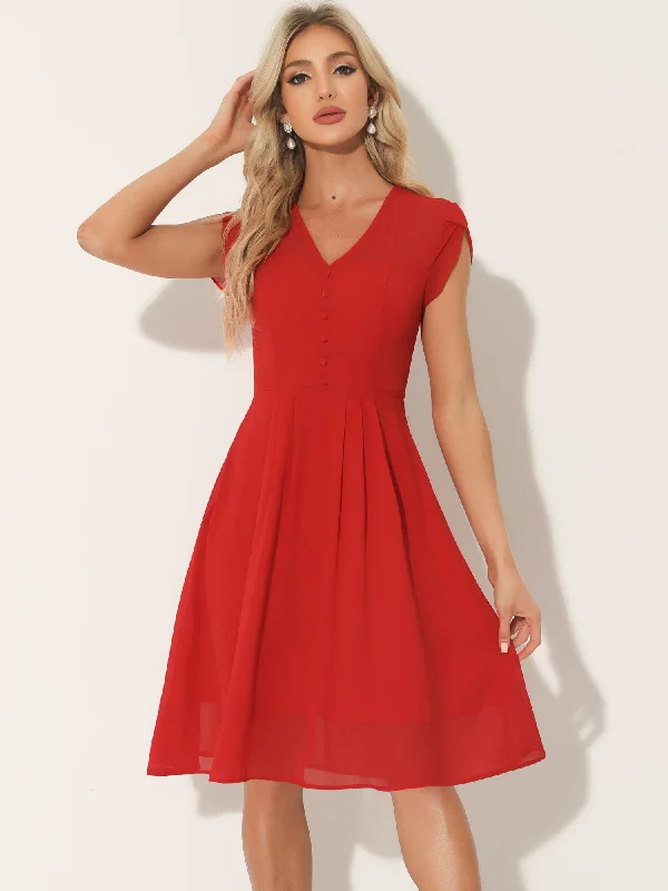 Vintage Chiffon V Neck Cap Sleeve Elegant A-Line Dress Backless unclassified dresses