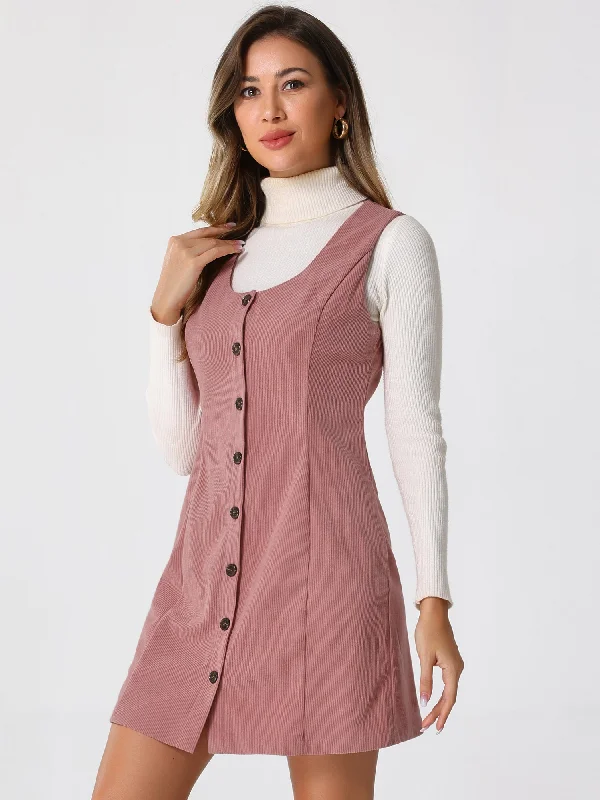 Corduroy Overall Scoop Neck Sleeveless Button Pinefore Dress Knitted unclassified dresses