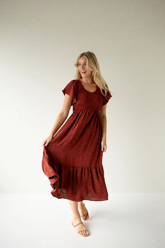 'Quincy' Smocked Bodice Flutter Sleeve Dress in Deep Rust Bright color unclassified dresses