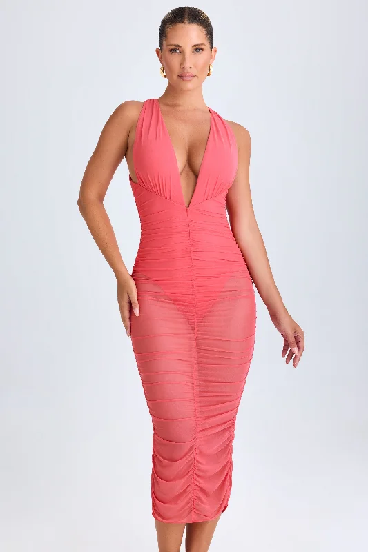 Ruched Plunge Midaxi Dress in Coral Everyday wear unclassified dresses