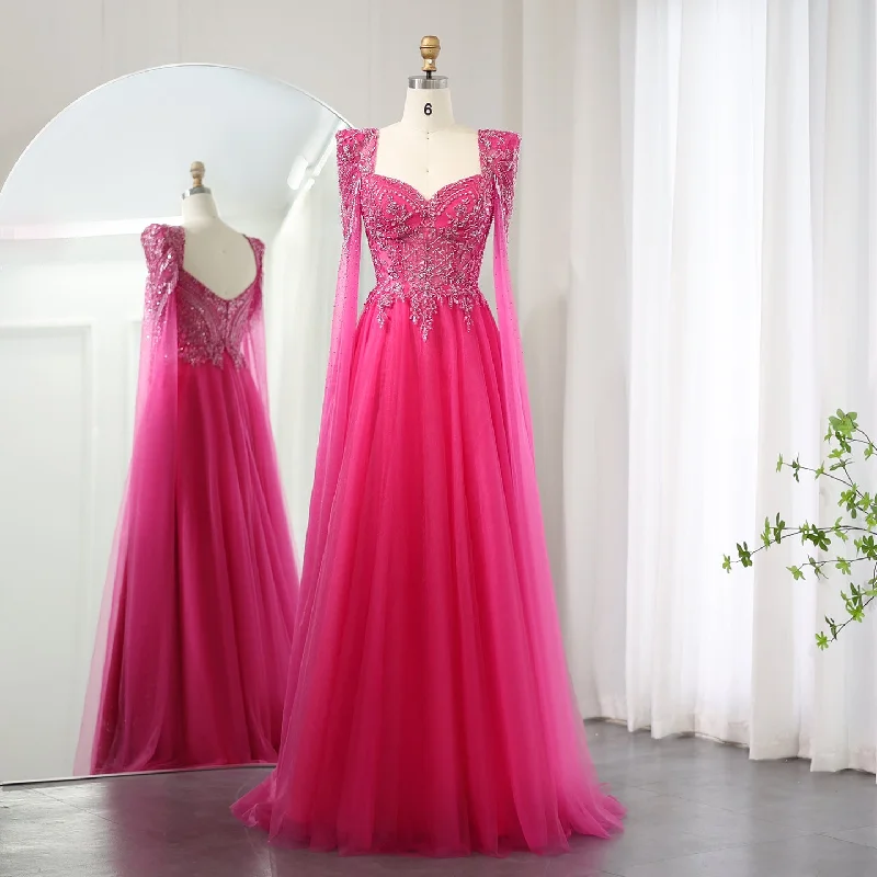 Luxury Beaded Fuchsia Evening Dress with Cape Sleeves SS242 Office unclassified dresses