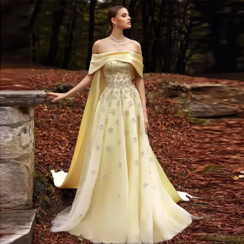 Luxury Yellow Off Shoulder Evening Dress with Cape Train SS455 Neutral tone unclassified dresses