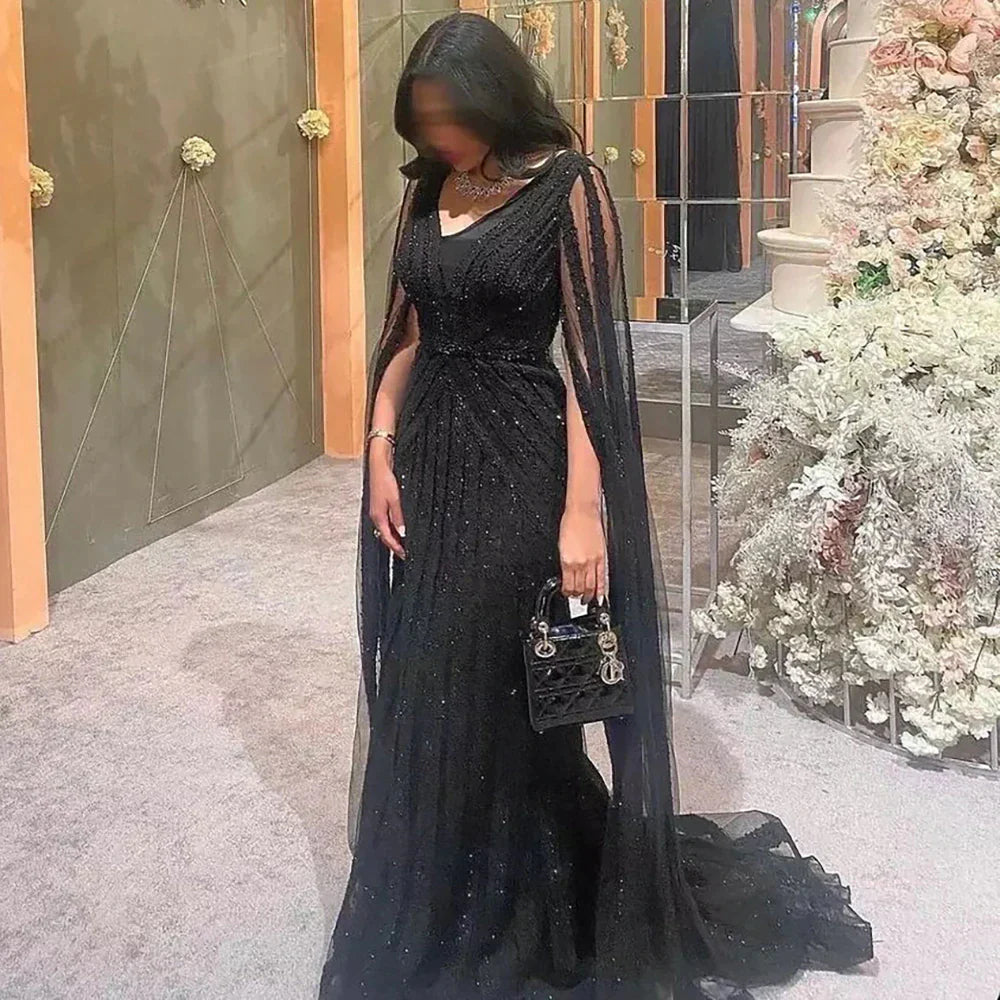 Luxury Black Beaded Evening Dresses with Cape Sleeves SS218 One-shoulder unclassified dresses