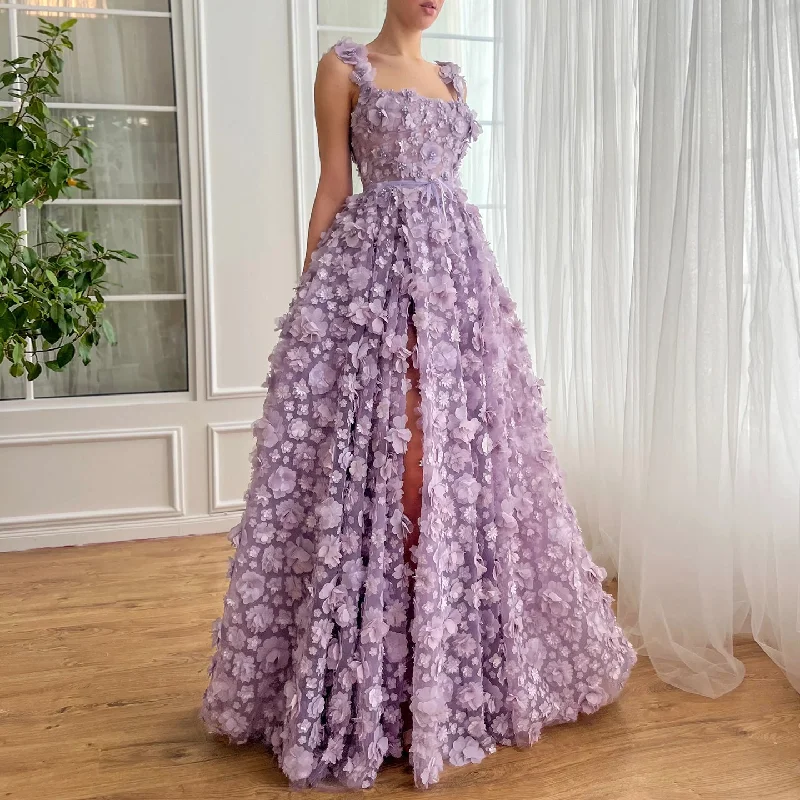 Chic Lilac 3D Embroidered Flowers Slit Evening Dress SS357 Best-selling unclassified dresses