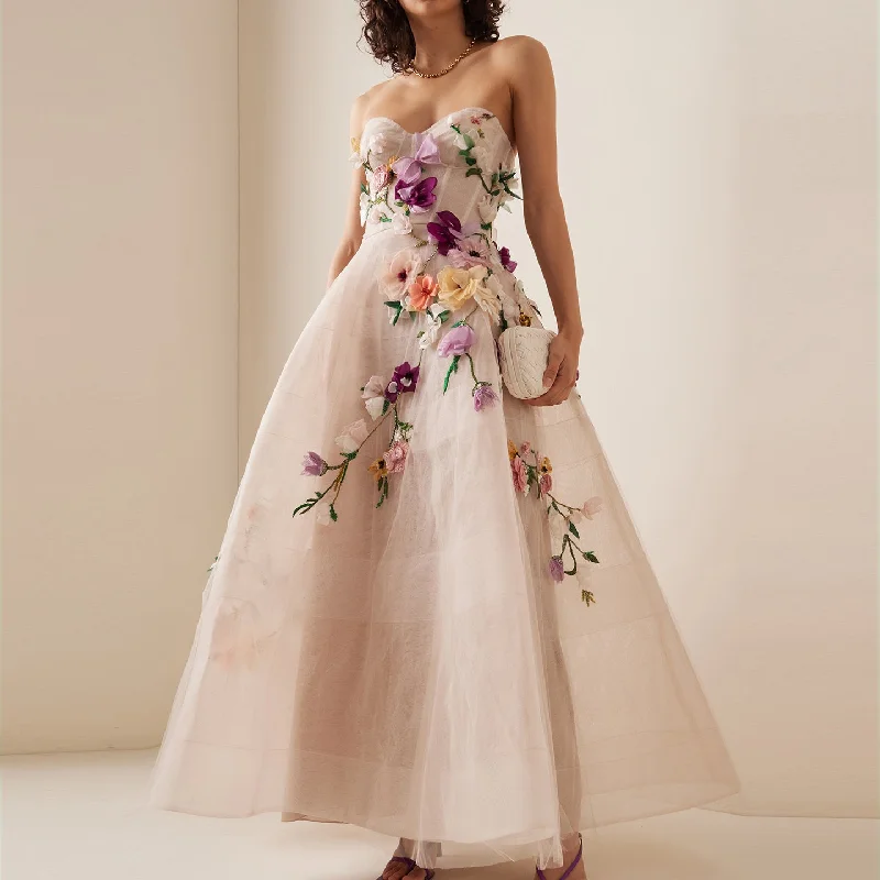 Elegant 3D Flowers Khaki A-line Strapless Evening Dress SS334 Spring unclassified dresses