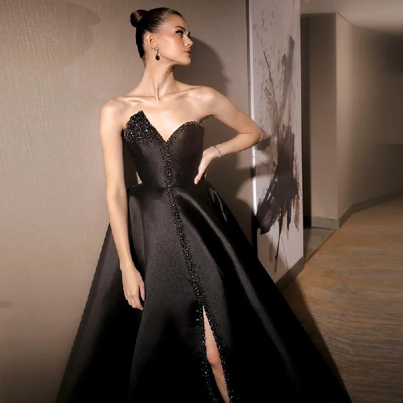 Elegant Crystal Black Strapless Evening Dresses Side Slit SS364 High-end unclassified dresses