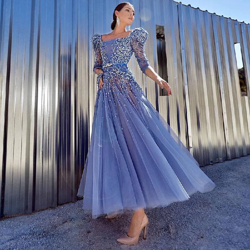 Luxury Beaded Blue Evening Dress with Half Sleeves SS240 Printed unclassified dresses