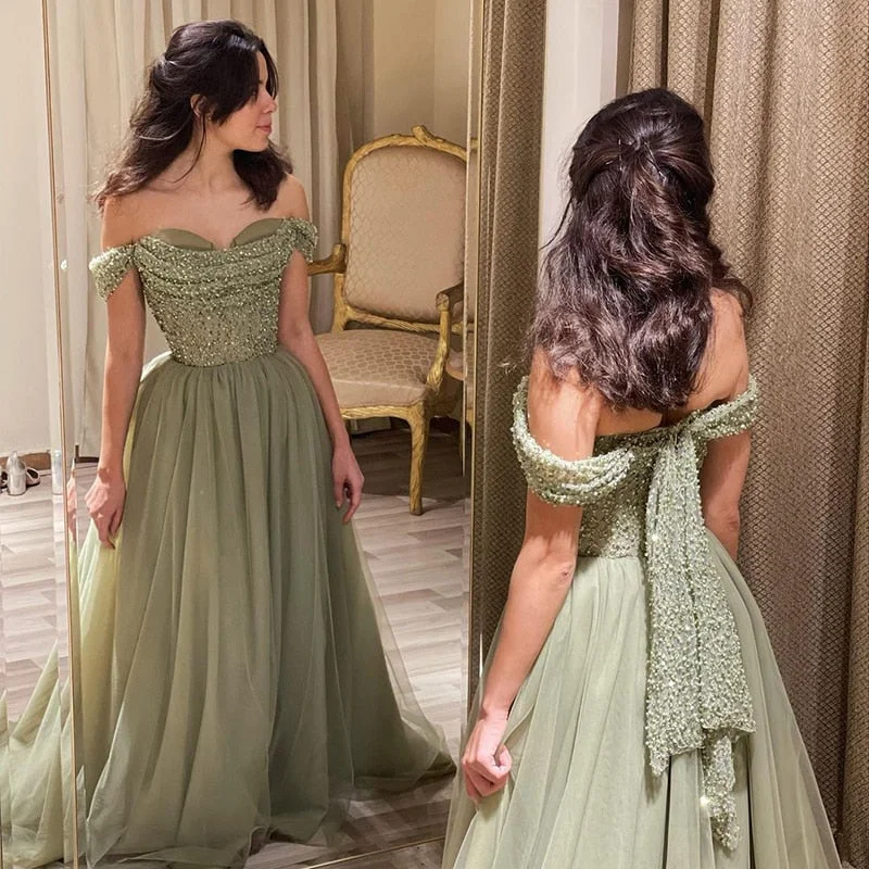 Elegant Off Shoulder Sage Green A-Line Evening Dress SS314 Bold pattern unclassified dresses