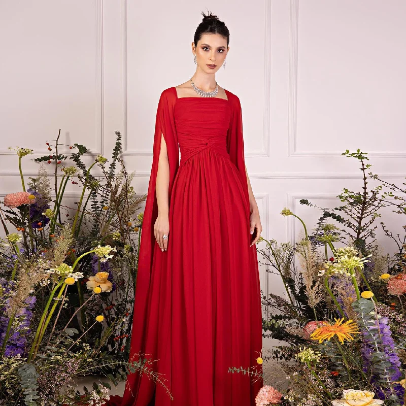 Elegant Red Chiffon Evening Dresses with Cape Sleeves SF032 Short unclassified dresses