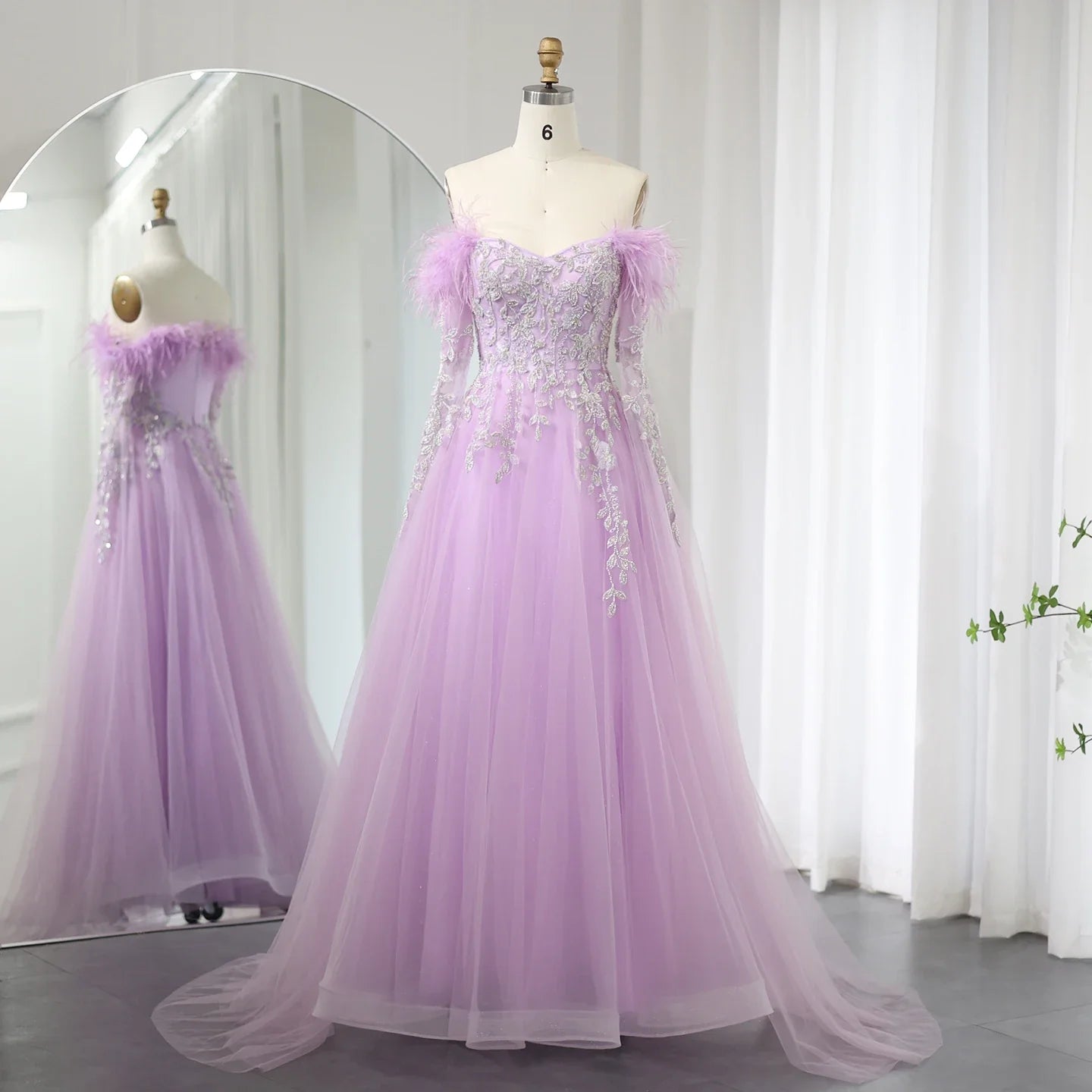 Luxury Feather Beaded Lilac Off Shoulder Evening Dress SS262 One-shoulder unclassified dresses