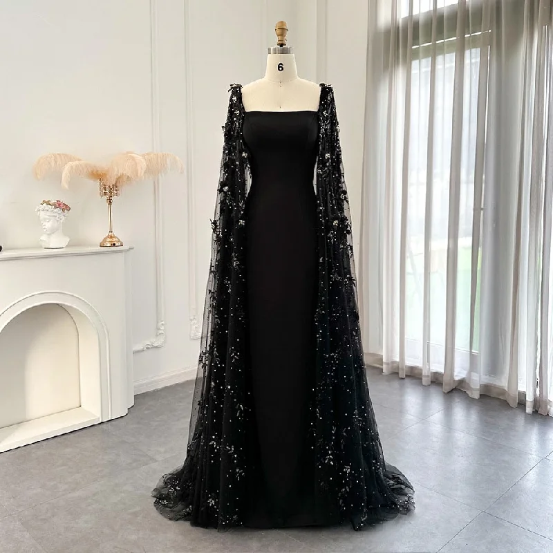 Luxury 3D Flowers Black Evening Dress with Cape Sleeves SS479 Beach unclassified dresses