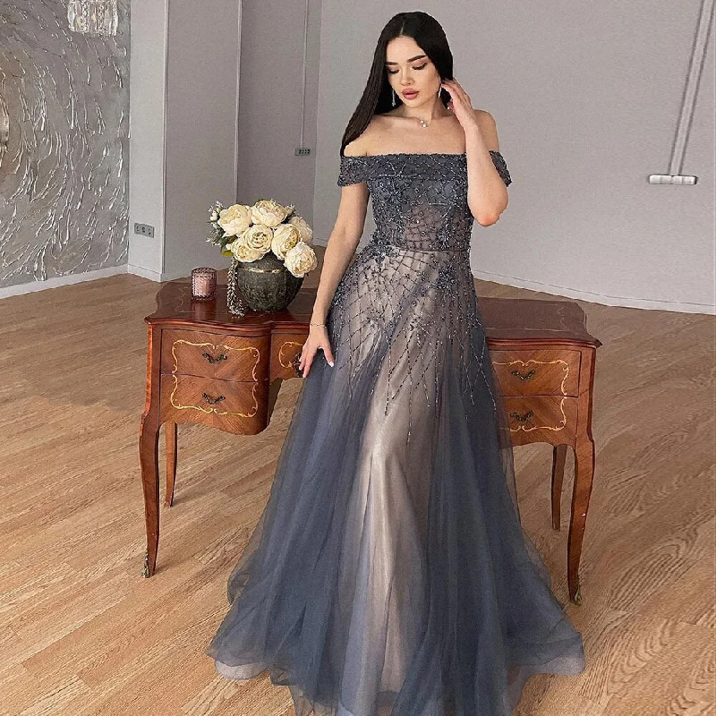 Elegant Off Shoulder Navy Blue Evening Dress SS294 Ruffled unclassified dresses