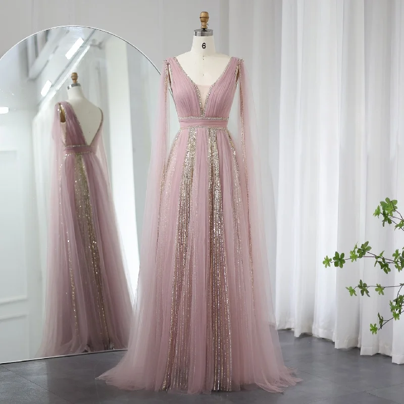 Luxury Pink V Neck Evening Dress with Cape Sleeves SS010 A-line unclassified dresses