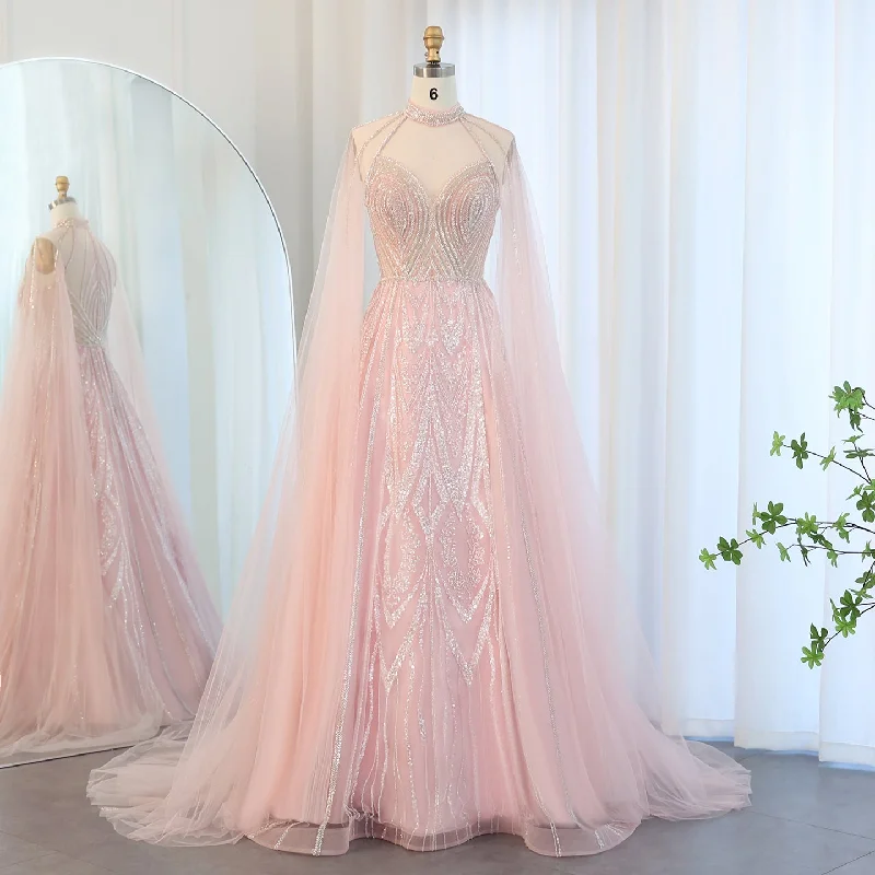 Luxury Pink A-line Evening Dress with Cape Sleeves SS090 Stylish unclassified dresses