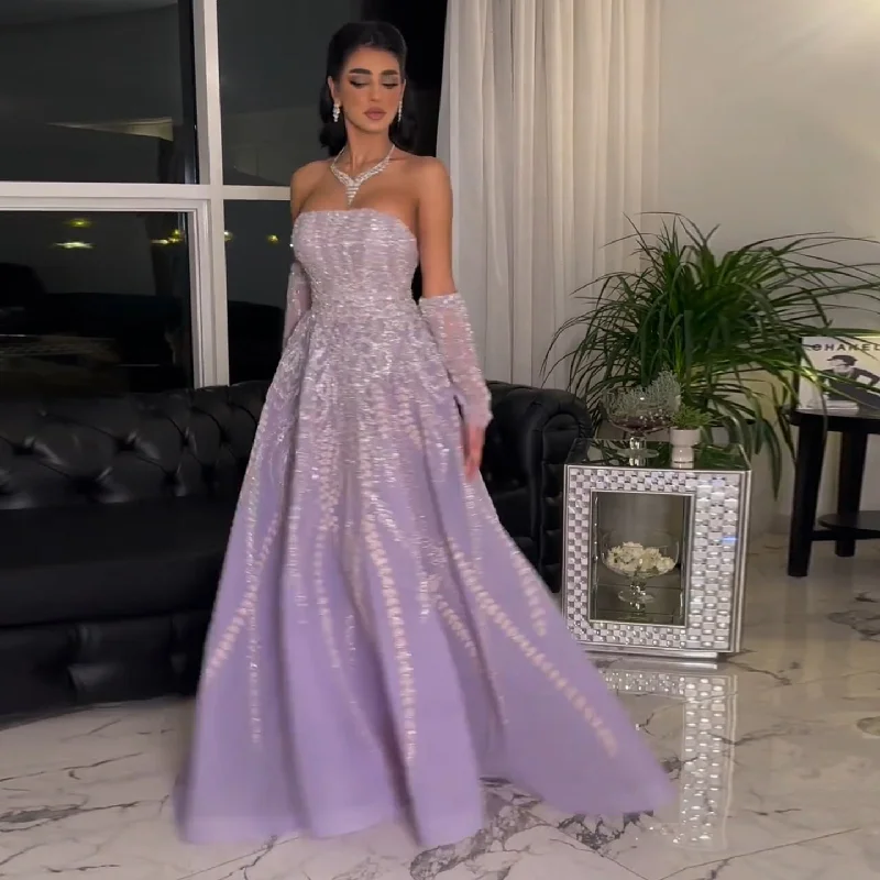 Luxury Beaded Lilac Strapless Evening Dress with Sleeves SS462 Trendy unclassified dresses