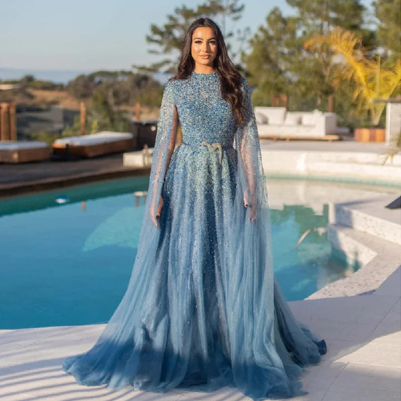 Luxury Blue High Neck Evening Dress with Cape Sleeves SS451 Engagement unclassified dresses