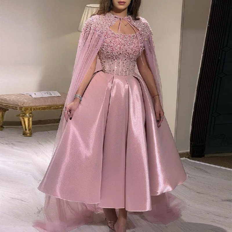 Luxury Blush Pink Ankle Length Evening Dress with Cape S392 Party unclassified dresses