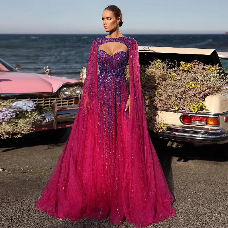 Luxury Fuchsia Evening Dress with Cape Sleeves SS386 Color block unclassified dresses