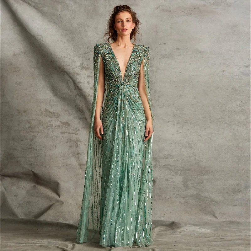 Luxury Dubai Green Evening Dresses with Cape Fuchsia Crystal Gold SS399 Vintage unclassified dresses