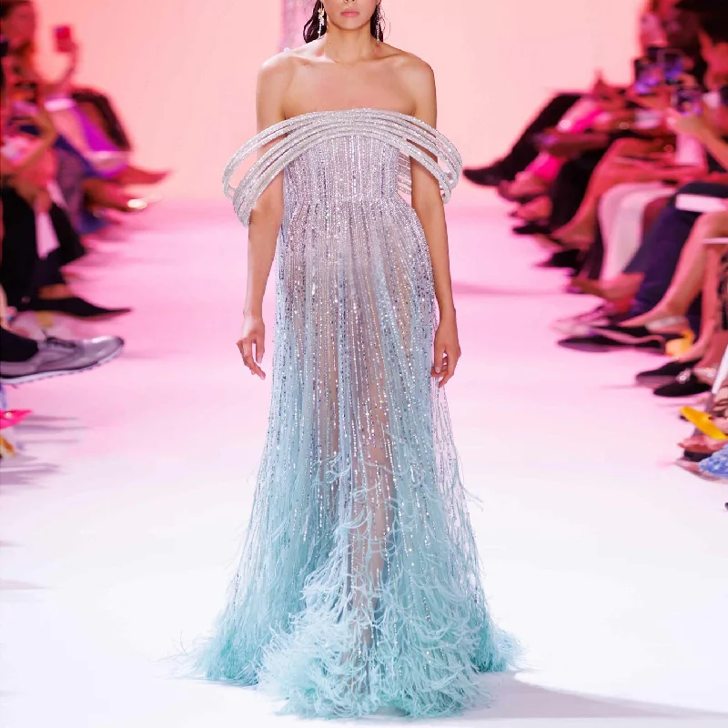 Luxury Feathers Aqua Off Shoulder Evening Dress SS435 Graduation unclassified dresses