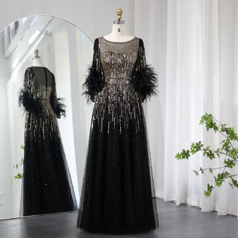 Luxury Feathers Black Half Sleeve Evening Dress SS339 Engagement unclassified dresses