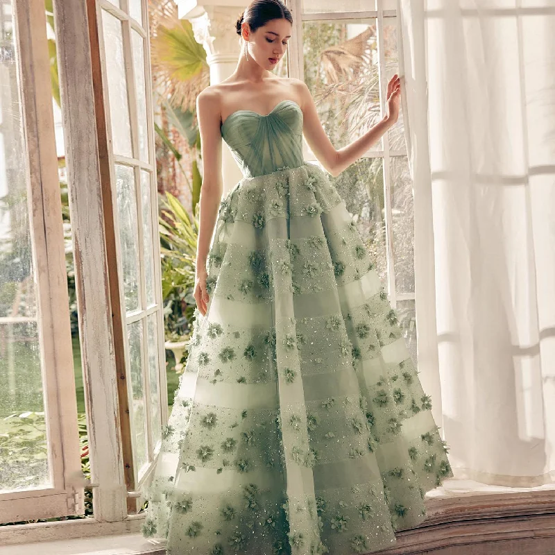 Luxury Sage Green 3D Flowers Dubai Evening Dress with Cape SS346 Boho unclassified dresses