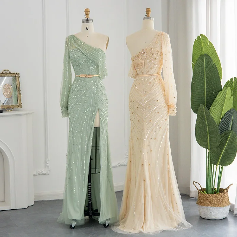 For Sale Green One Shoulder Mermaid Evening Dress SS267 Velvet unclassified dresses