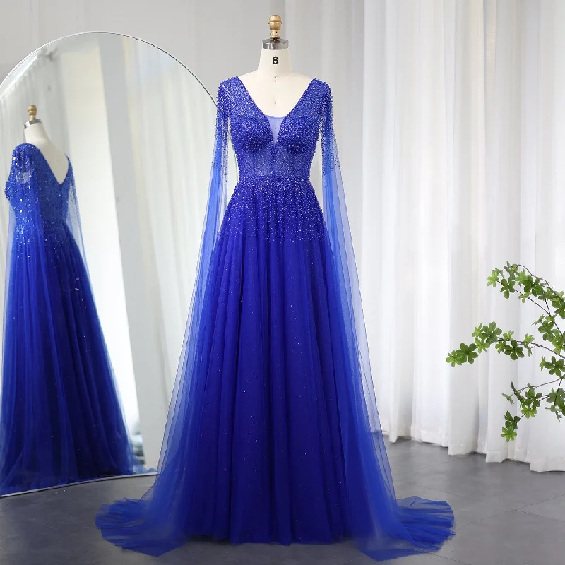 Luxury Royal Blue Evening Dress with Cape Sleeves SS012 Polka dot unclassified dresses