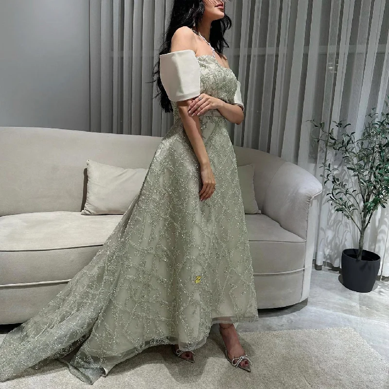 Elegant A-line Sage Green Off Shoulder Evening Dress SS427 Lightweight unclassified dresses