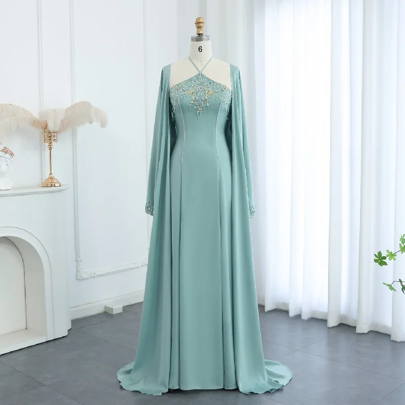 Luxury Sage Green Halter Evening Dress with Cape SS301 Travel unclassified dresses