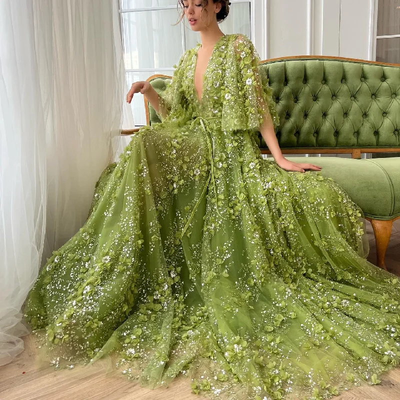 Sexy V-neck Green 3D Embroidered Flowers Evening Dress SS354 Spring unclassified dresses