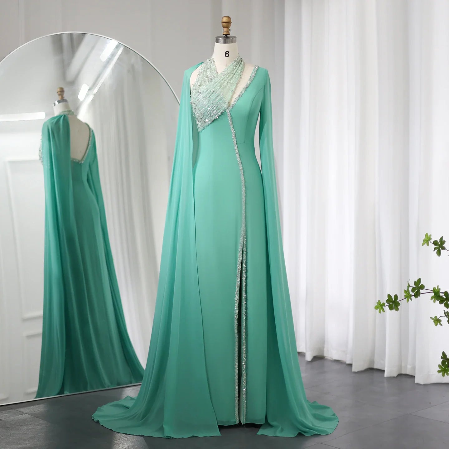 Luxury Green Halter Evening Dress with Cape Sleeves SS474 Minimalist unclassified dresses