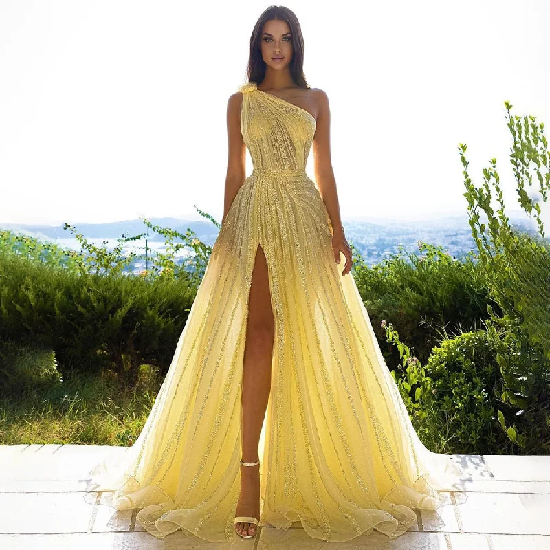 Luxury Yellow One Shoulder Evening Dress with Cape SS326 Club unclassified dresses