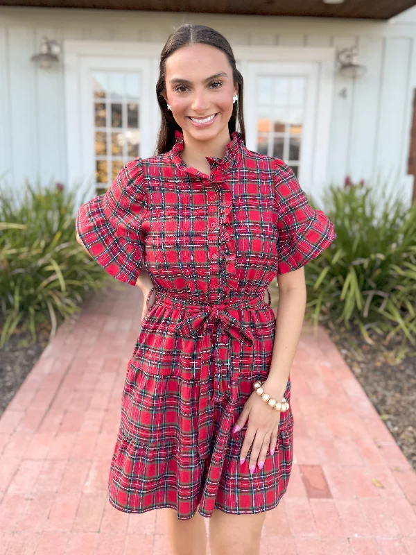 The Arvada Plaid Ruffle Button Dress-Red Street style unclassified dresses