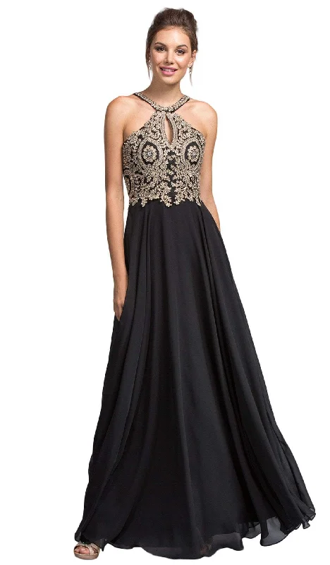 Trevi Collection - Bejeweled Halter Neck Prom A-line Dress Office unclassified dresses