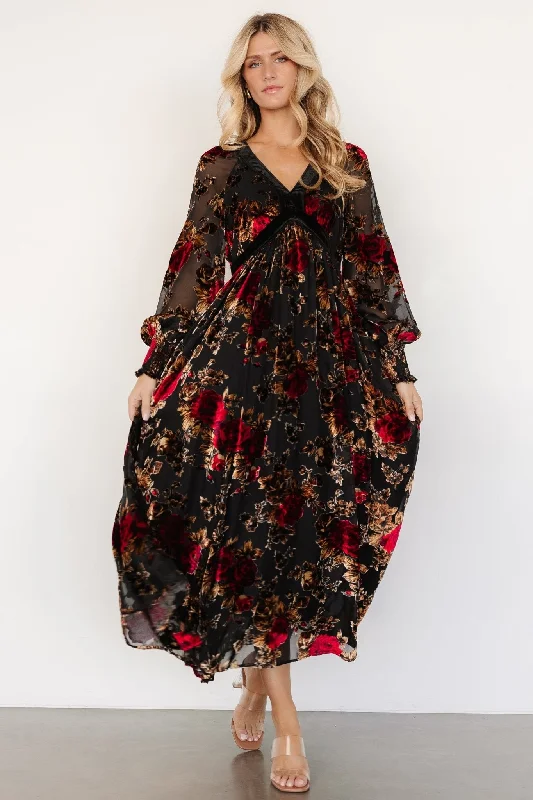 Adele Velvet Dress | Black + Rose Floral Short floral dresses