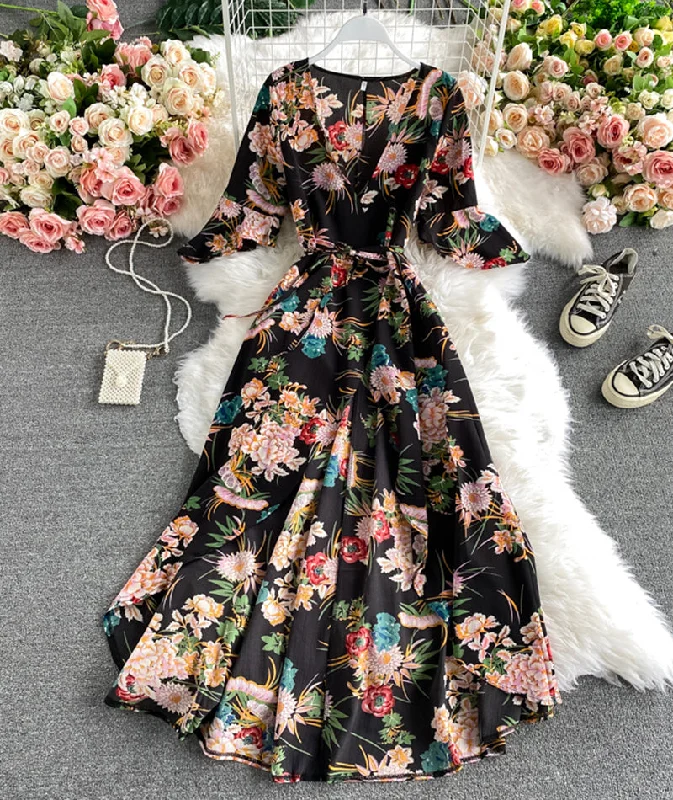 Black A line v neck floral dress  930 Best floral dresses for casual outings