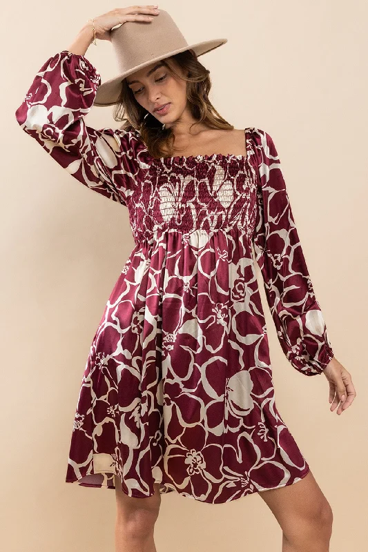 Burgundy Floral Satin Long Sleeve Dress Hot new arrivals in floral dresses