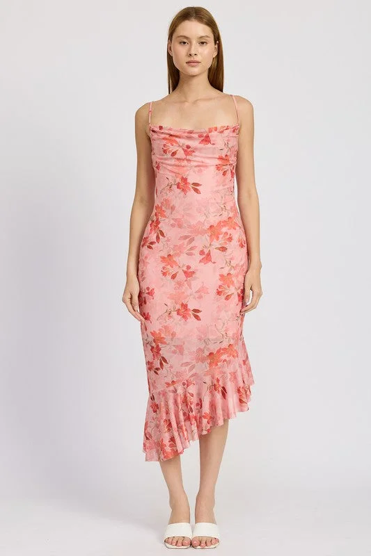 FLORAL ASYMMETRICAL DRESS WITH RUFFLE DETAIL Casual floral dresses