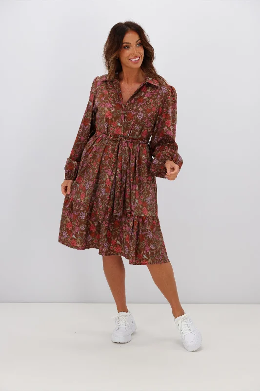 Fria Ophelia Floral Dress Brown Smocked floral dresses