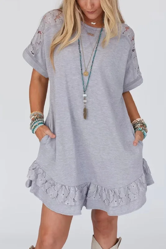 Light Grey Lace Floral Patchwork Ruffled T-shirt Dress Revolve floral dresses