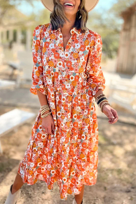 Multicolor Boho Floral Collared Long Sleeve Ruffled Dress Short floral dresses