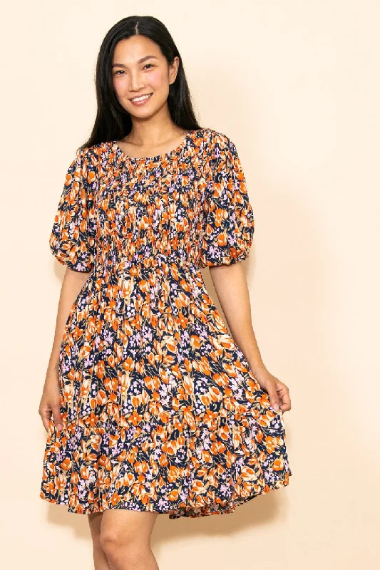 Navy Floral Smocked Puff Sleeve Dress Designer floral dresses