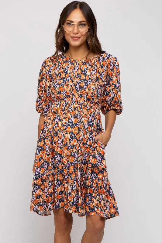 Navy Floral Smocked Puff Sleeve Maternity Dress ASOS floral dresses