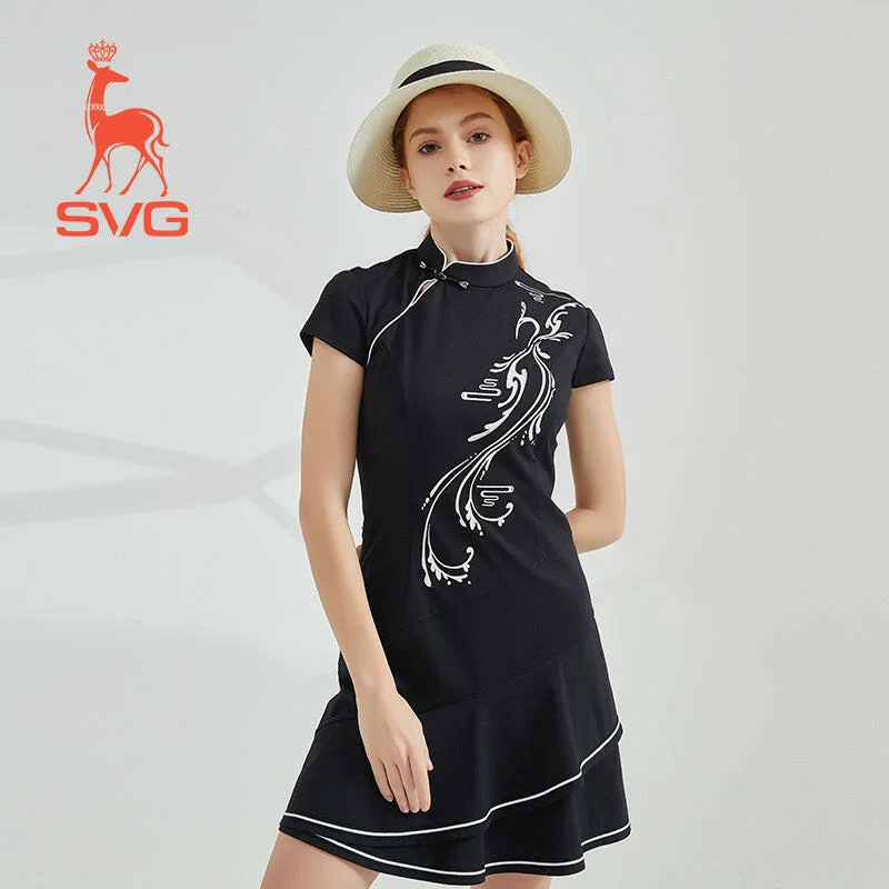 SVG Golf Women's Black Printed Cheongsam Ruffled Golf Dress Floral dresses under $50