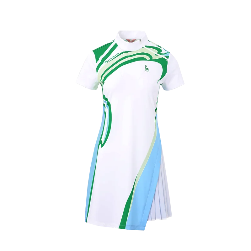 SVG Golf Women's Blue and Green Stitching Printed Dress Zipper Vertical Collar Affordable floral dresses