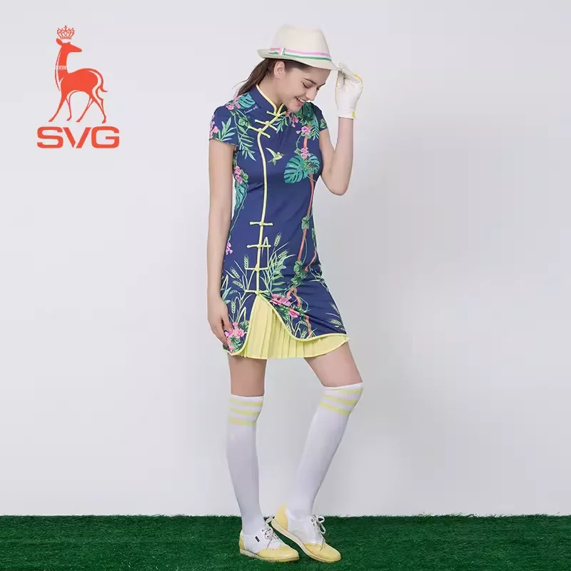 SVG Golf Women's Navy Blue Printed Cheongsam Dress Birthday floral dresses