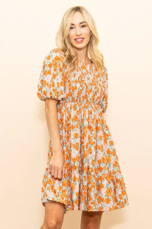 Taupe Floral Smocked Puff Sleeve Dress Must-have floral dresses for this season