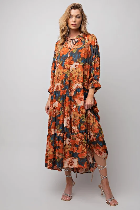 Teal Brown Floral Printed Dress Minimalist floral dresses