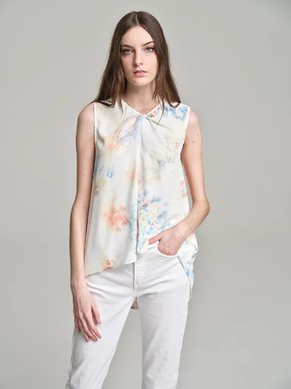 Watercolor printed top with twisted collar Preppy floral dresses